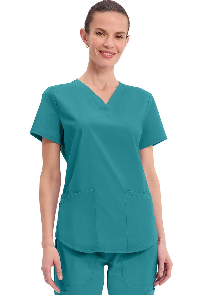 Cherokee Womens V Neck Scrub Top Modern Classic Fit Stretch Easy Care Durable Workwear Medical Uniform - WW665, S, Teal Blue - Image 1